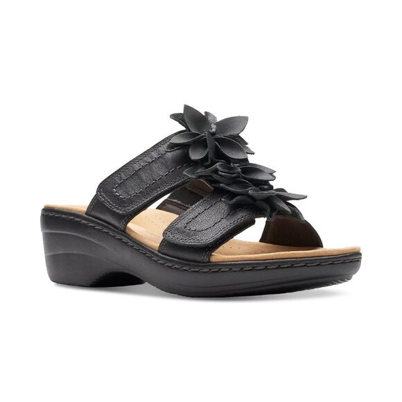 Clarks Womens Merliah Raelyn Flower Wedge Sandals Black Leather 8.5 MSRP $94 - Picture 1 of 4